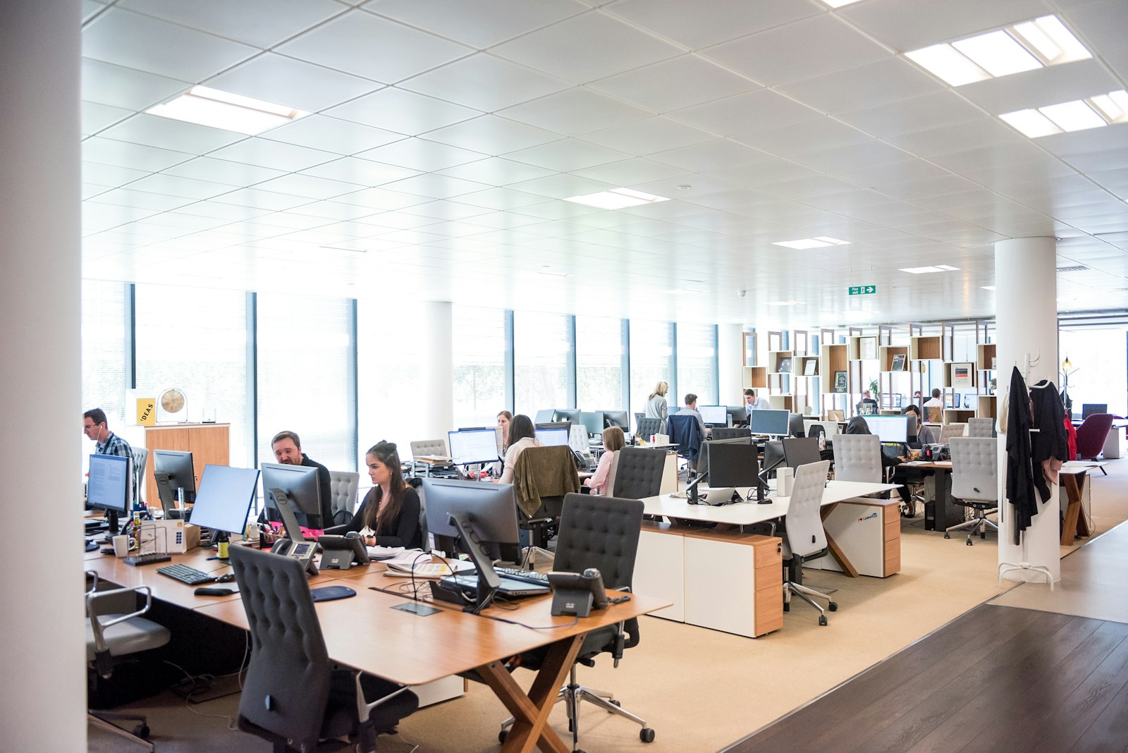 A busy open-plan office where a team works at desks with phones and computers